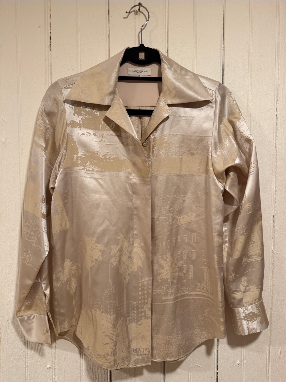 ⁠Lafayette 148 New York 100% Silk Architectural Scenic Print Blouse XXS⁠